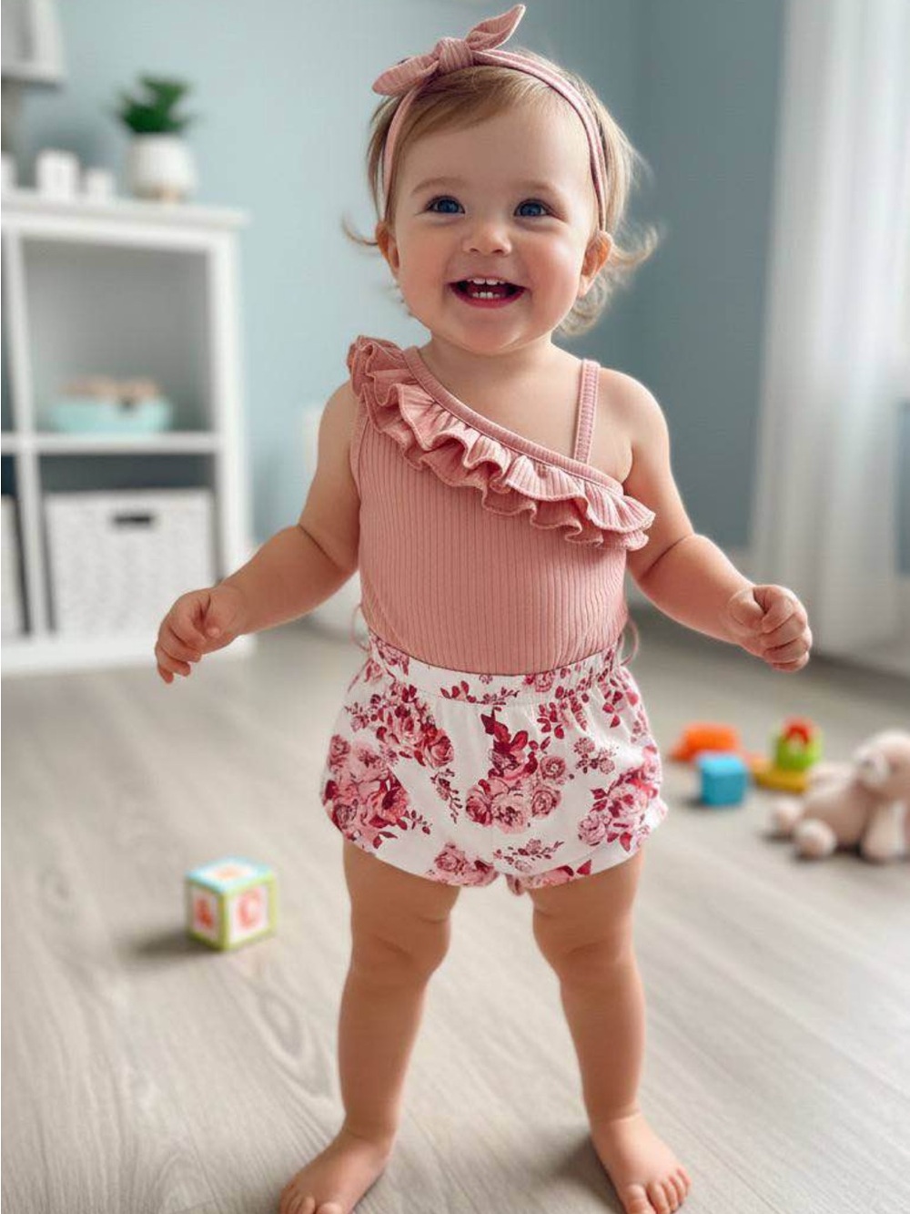 Pink Ruffle One-Shoulder Baby Romper with Floral Shorts